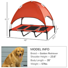Dog Cot Cooling Pet Bed with red canopy, featuring dimensions and model info for Golden Retriever.
