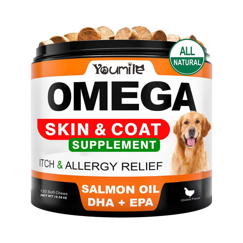 Youmile Omega 3 For Dogs - 120Ct  Fish Oil Treats - Allergy & Itch Relief Skin & Coat Supplement - Dry Itchy Skin, Anti Shedding & Hot Spots Treatment - Pet Salmon Oil Chews - Chicken Flavor Dog  Vit