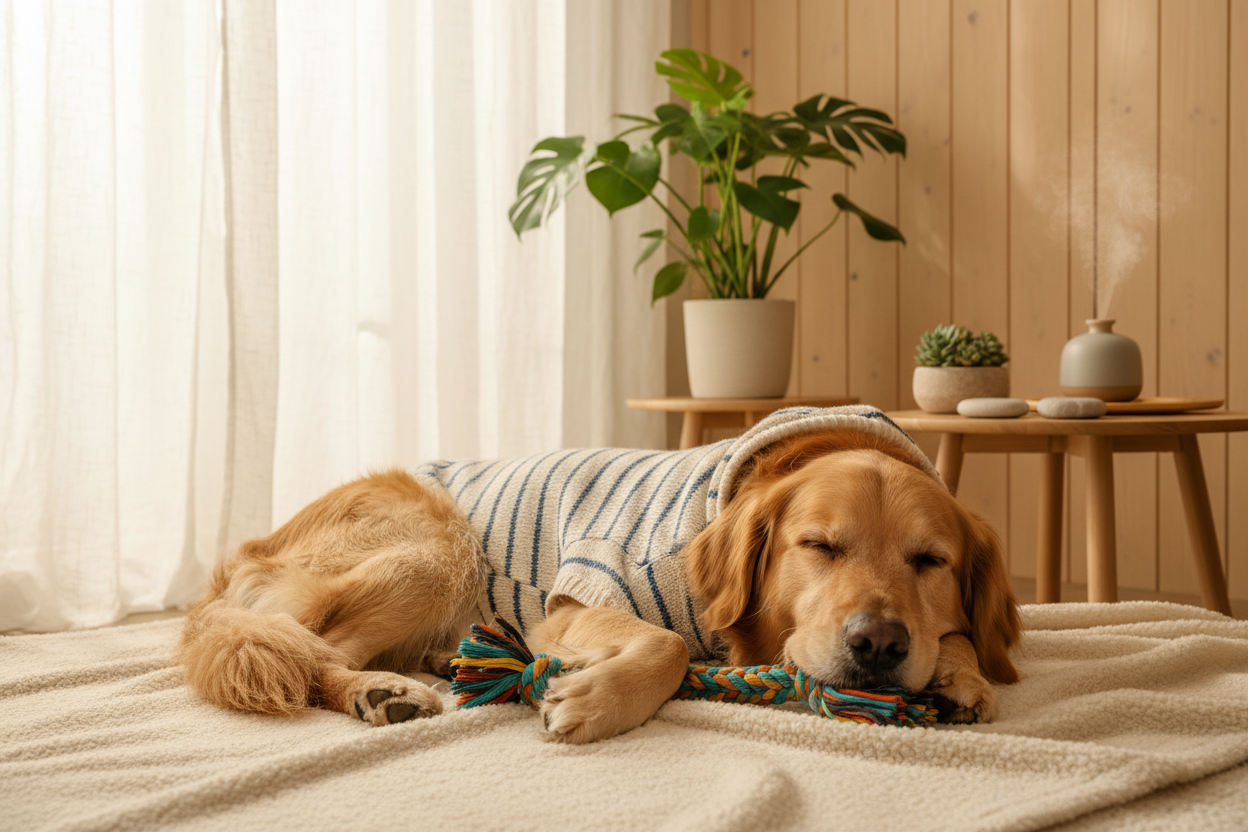 A moment of pure contentment: a peaceful dog wrapped in a cozy striped hoodie, resting on a plush sanctuary blanket with an all-natural chew toy, reflecting the intentional comfort of a zen home.